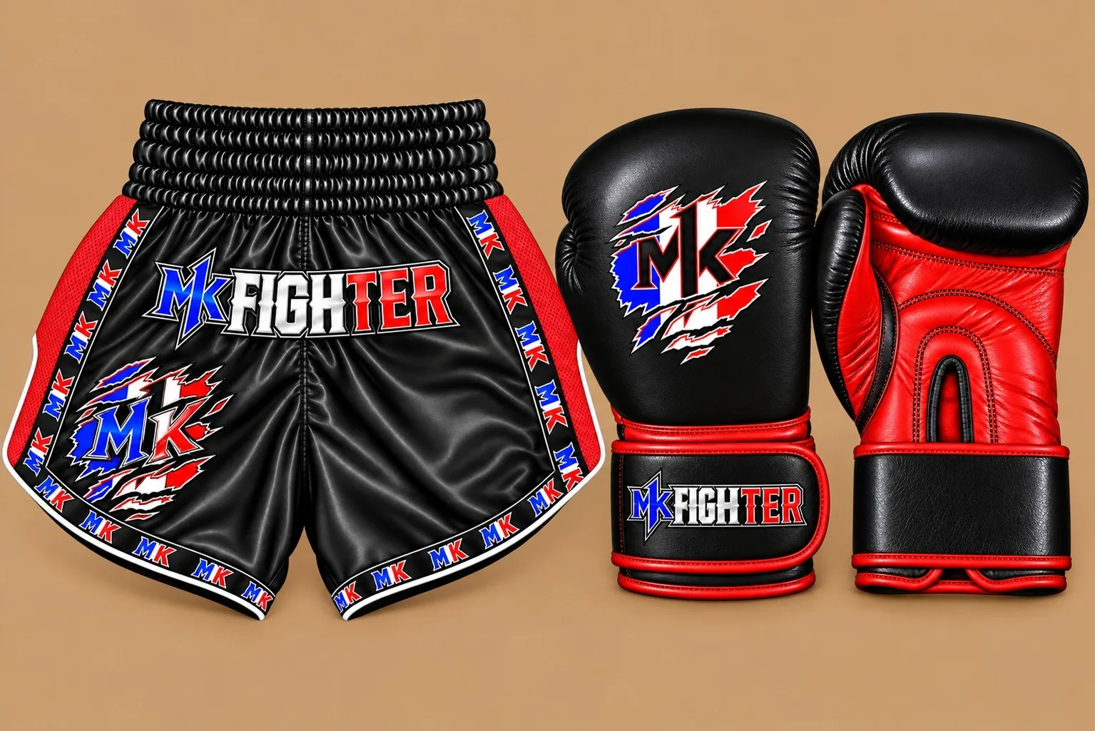 Gants et short MK Fighter noirs avec drapeau